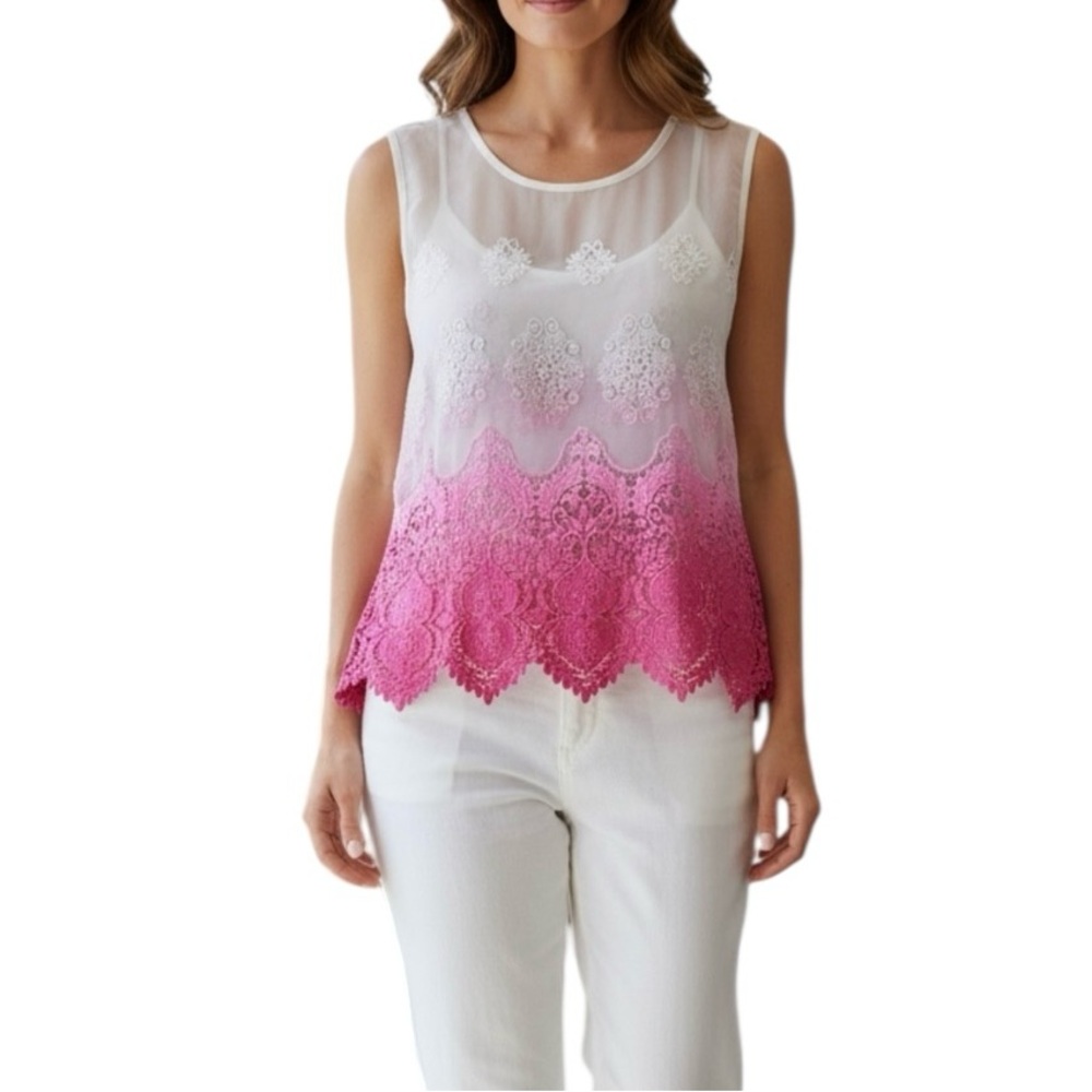 International Concepts Ombre Lace Sheer Cap Sleeve Top Womens Sz S Fairycore‎